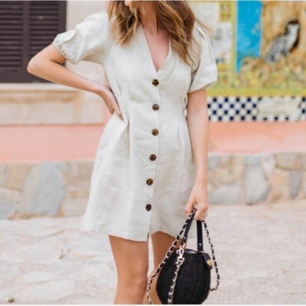 Zara Linen Puff Sleeve Tan Dress S